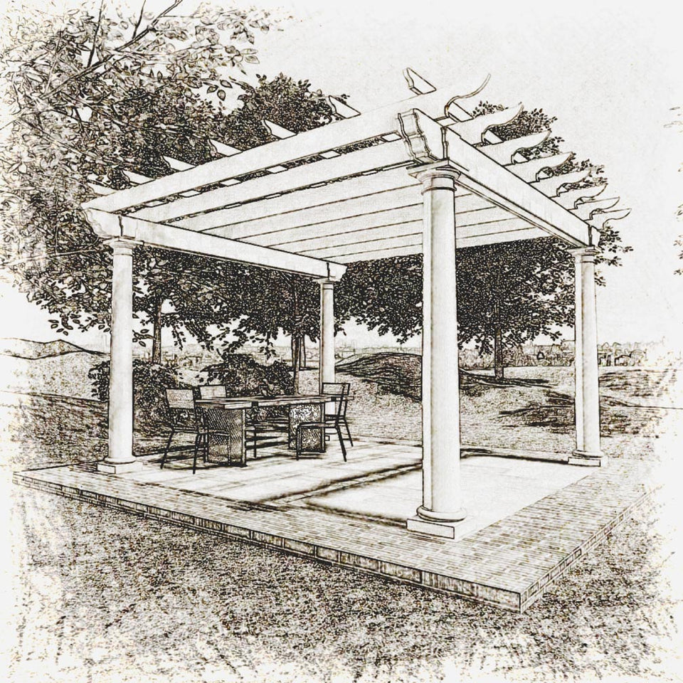 Wood cut image of a pergola with round columns and carved ends on lintels, rafters, and purlins.