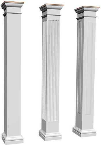 Three square columns with the far left being smooth on its surface. The middle column has a fluted surface while the column on the right has a paneled surface.