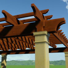 Load image into Gallery viewer, Wood Pergola Close-up with square Tuscan Columns &amp; details
