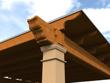 Load image into Gallery viewer, Stained covered Pergola option with carved lintel and rafter ends with square columns.
